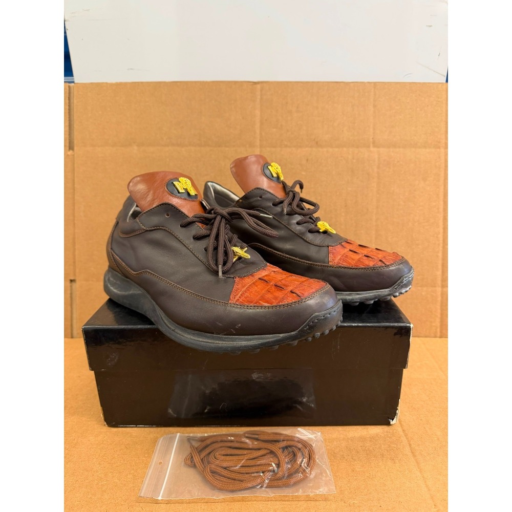 Mauri 8900 Nappa Leather Lace Up Alligator Sneakers Brown Gold Mens Size 11 US
